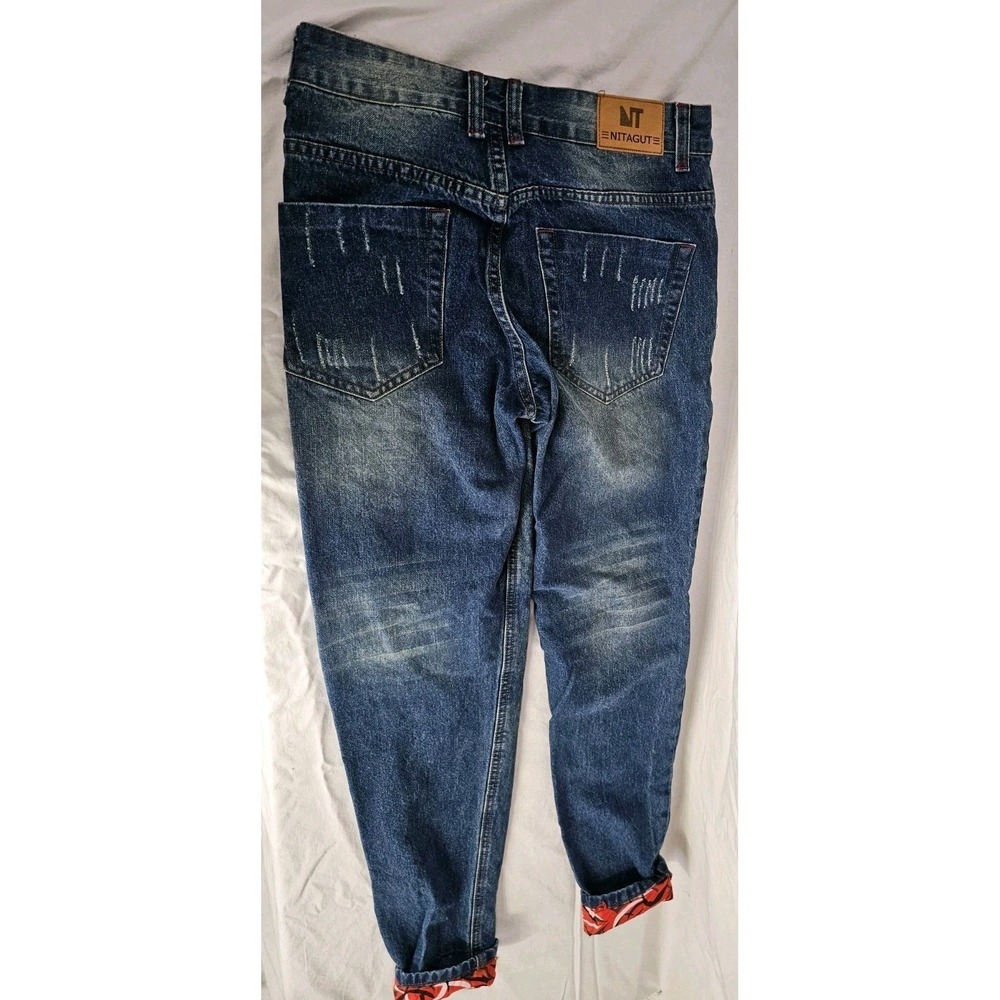 Nitagut Womens High Rise Distressed Blue Jeans Patchwork Cuff - Picture 6 of 7
